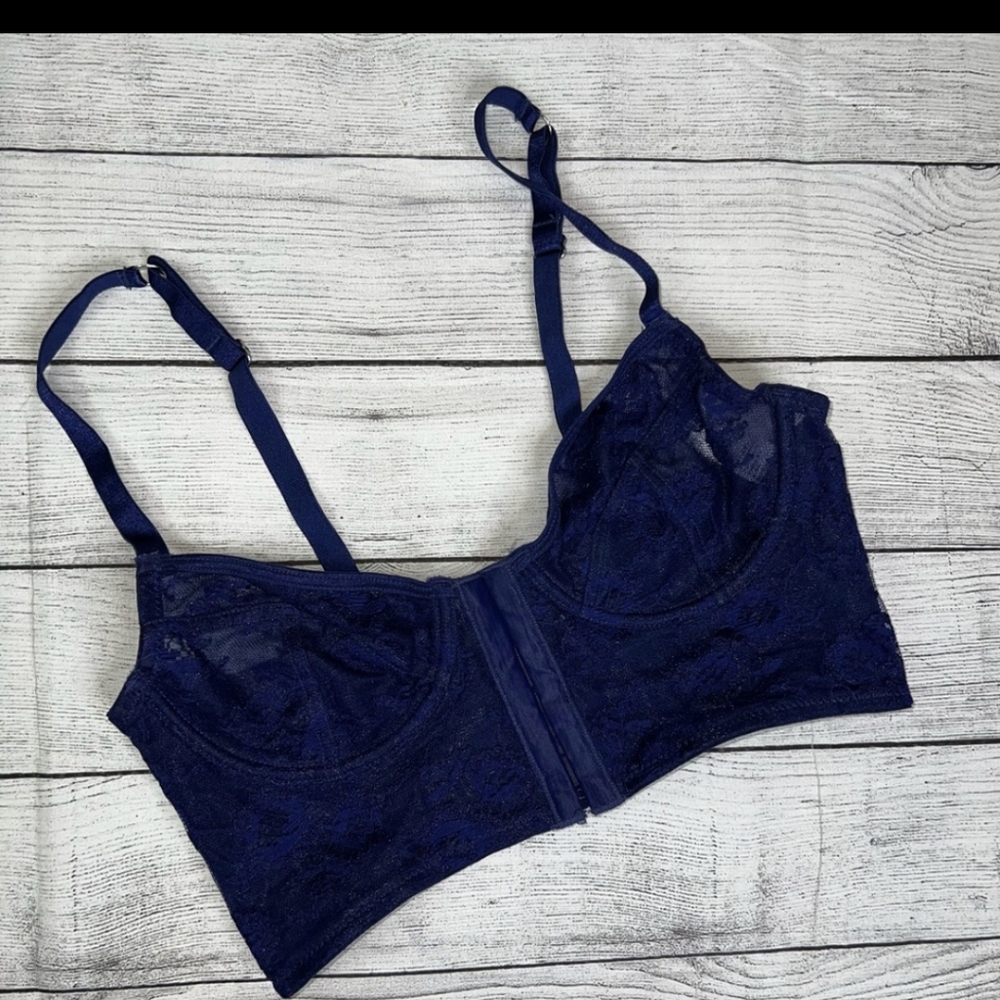 Topshop Dark Blue Lace Demi Cup Pushup Bra Front Clasp Size 34A